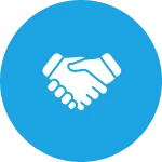 Handshake icon in blue circular background.