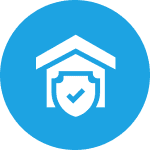 Shield and house icon on blue background.